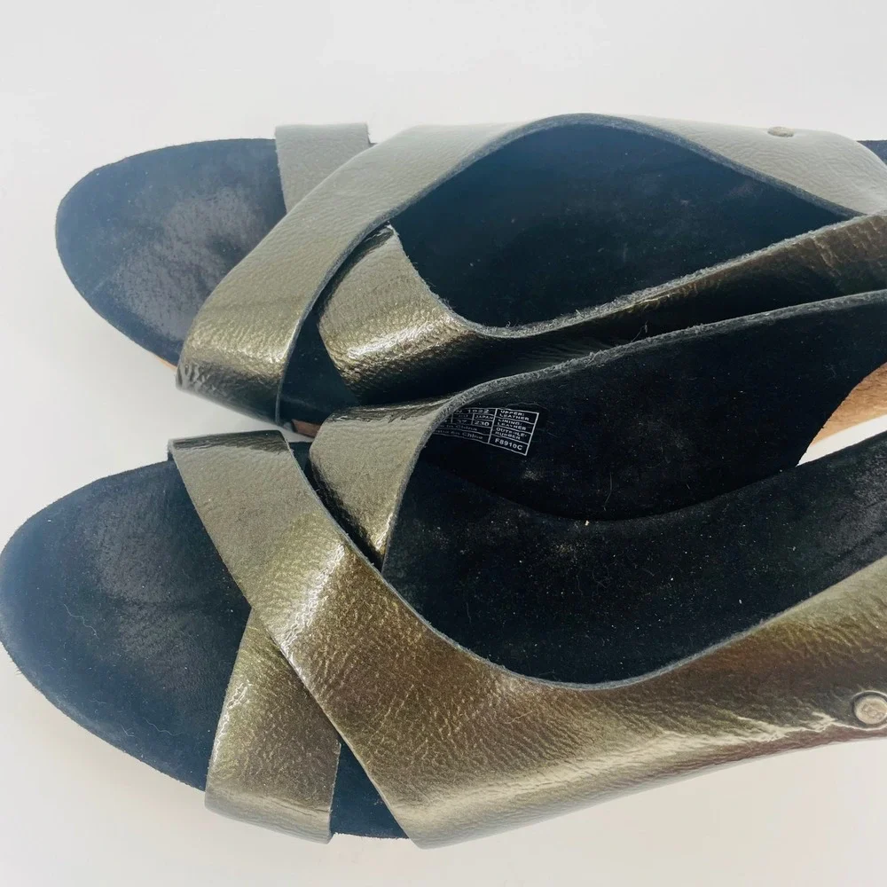 UGG Lucianna Metallic Olive Green‎ Leather Cork Wedge Slingback Sandals size 6